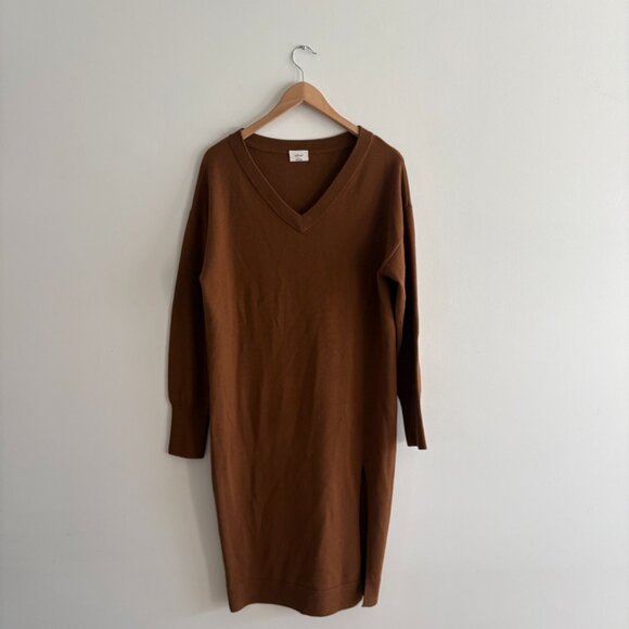 Aritzia Wilfred Cyprie 100% Merino Wool Foxfire Brown Slit Sweater Dress Small - Picture 4 of 7
